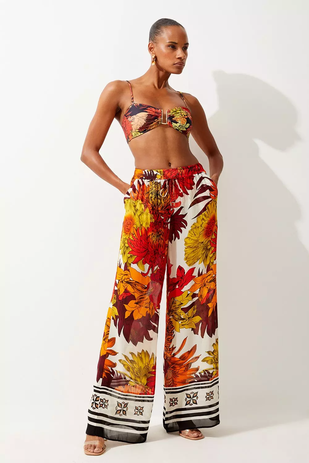 Viscose Georgette Border Print Beach Wide Leg Trousers