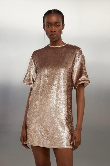 Gold Metallic Sequin Woven Boxy T-shirt Mini Dress