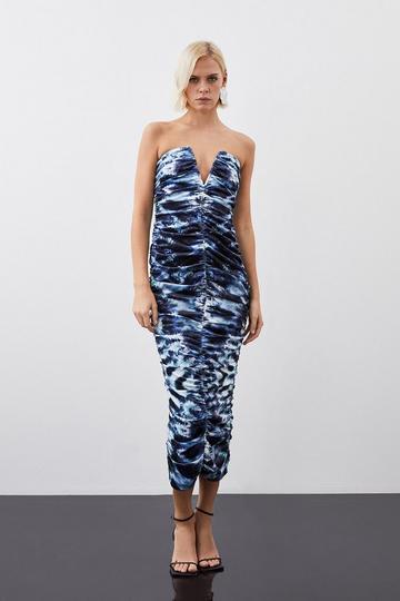Printed Velvet Stretch Bandeau Midi Dress blue