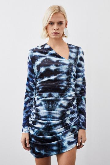 Blue Printed Velvet Stretch Long Sleeve Mini Dress