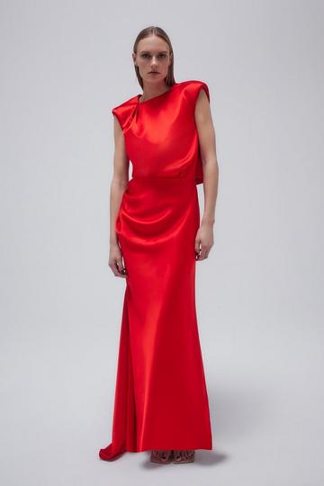 Red Satin Draped Woven Maxi Dress