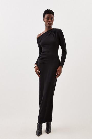 Viscose Blend Asymmetric Ruched Knit Maxi Dress black