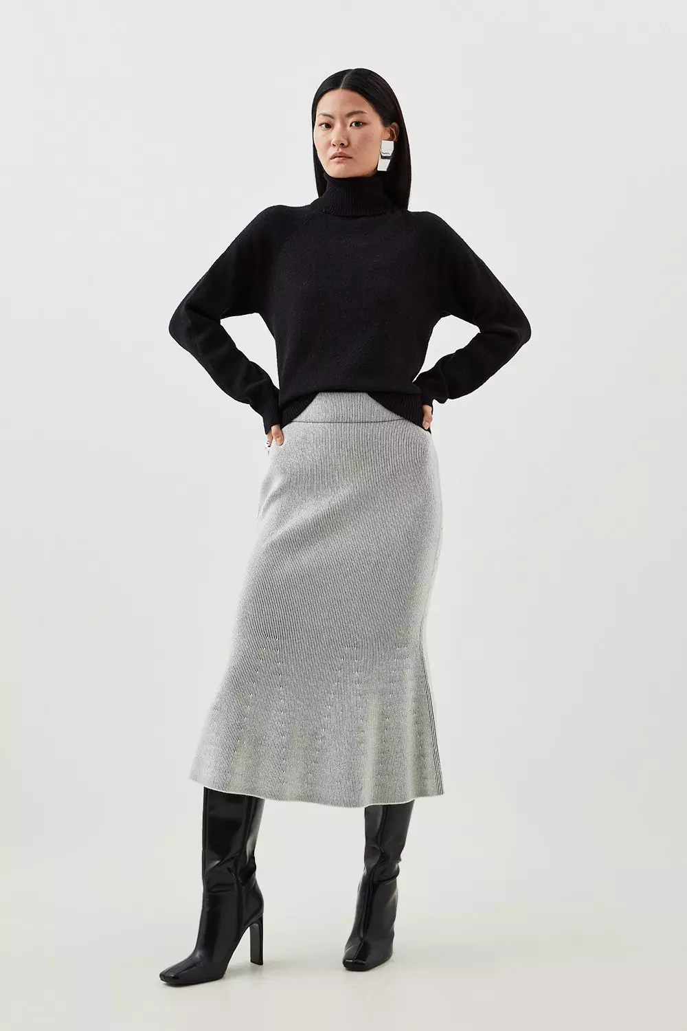 Black Midi Skirt - Ribbed Knit Midi Skirt - Ruched Bodycon Skirt