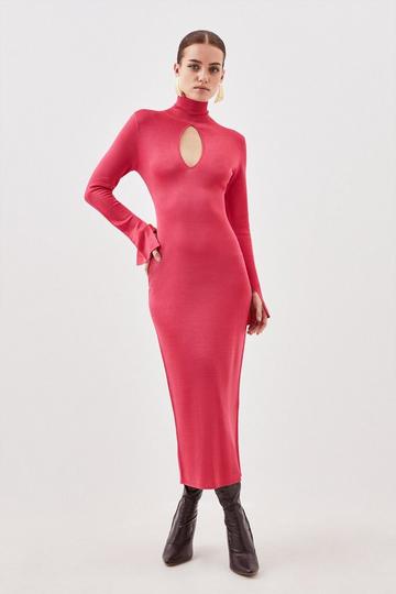 Pink Petite Slinky Viscose High Neck Keyhole Knit Midi Dress