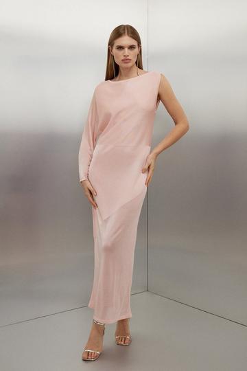 Blush Pink One Sleeve Slinky Sheer Knit Midaxi Dress