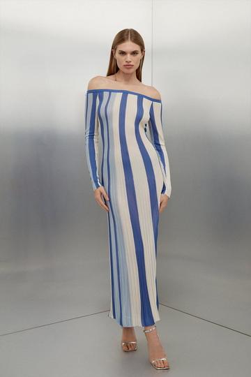 Slinky Viscose Slash Neck Striped Knit Midaxi Dress blue