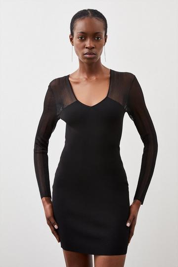 Black Figure Form Filament Bandage Knit Mix Dress
