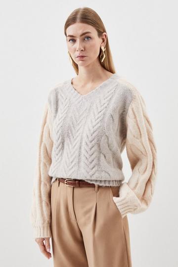 Wool Blend Mohair Look Cable Color Blocked Knit Sweater grey