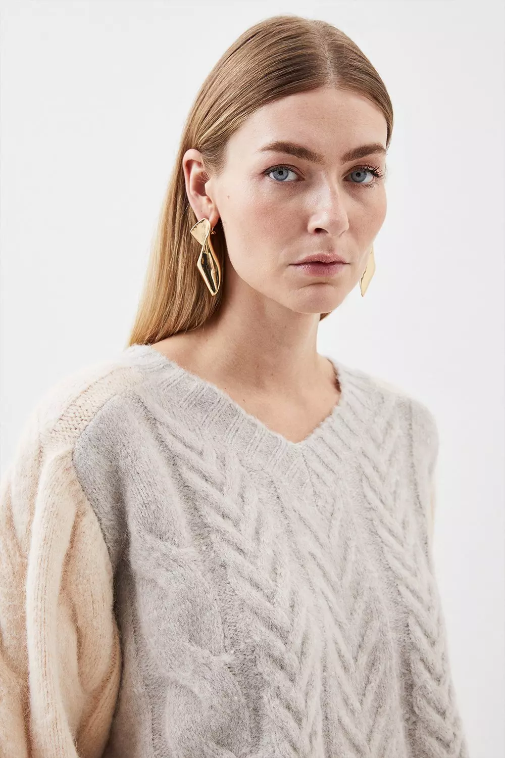 Wool Blend Mohair Look Cable Color Blocked Knit Sweater | Karen Millen