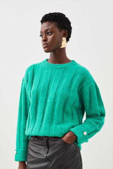 Green Wool Blend Mohair Look Flat Rib Knit Sweater