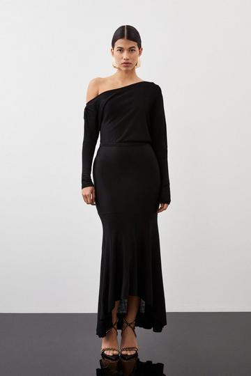 Black Slinky Viscose Knit Off The Shoulder High Low Midaxi Dress
