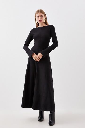 Black Compact Knit Wool Look Full Skirt Midaxi Dress