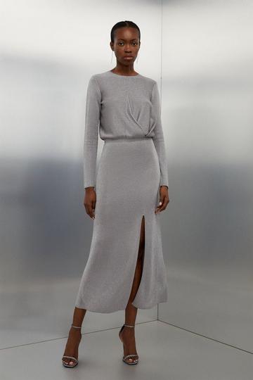 Grey Slinky Viscose Split Detail Knit Maxi Dress