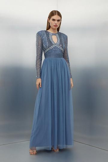 Embellished Woven Maxi Dress With Tulle Skirt blue