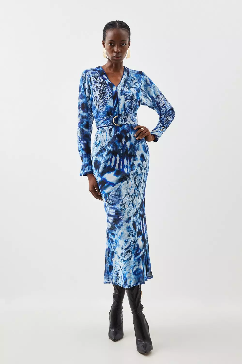 HH750R-SNAKE - LONG SLEEVE DRAPE MAXI DRESS