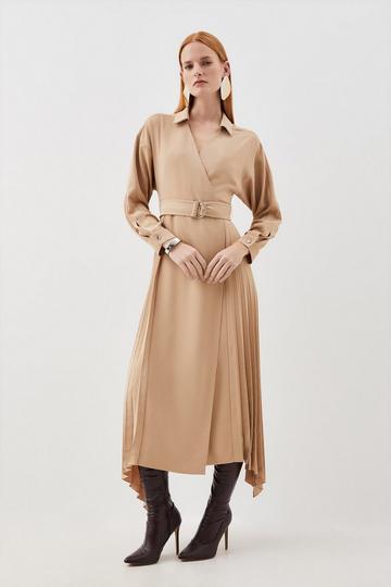 Soft Tailored Pleat Detail Belted Shirt Dress camel