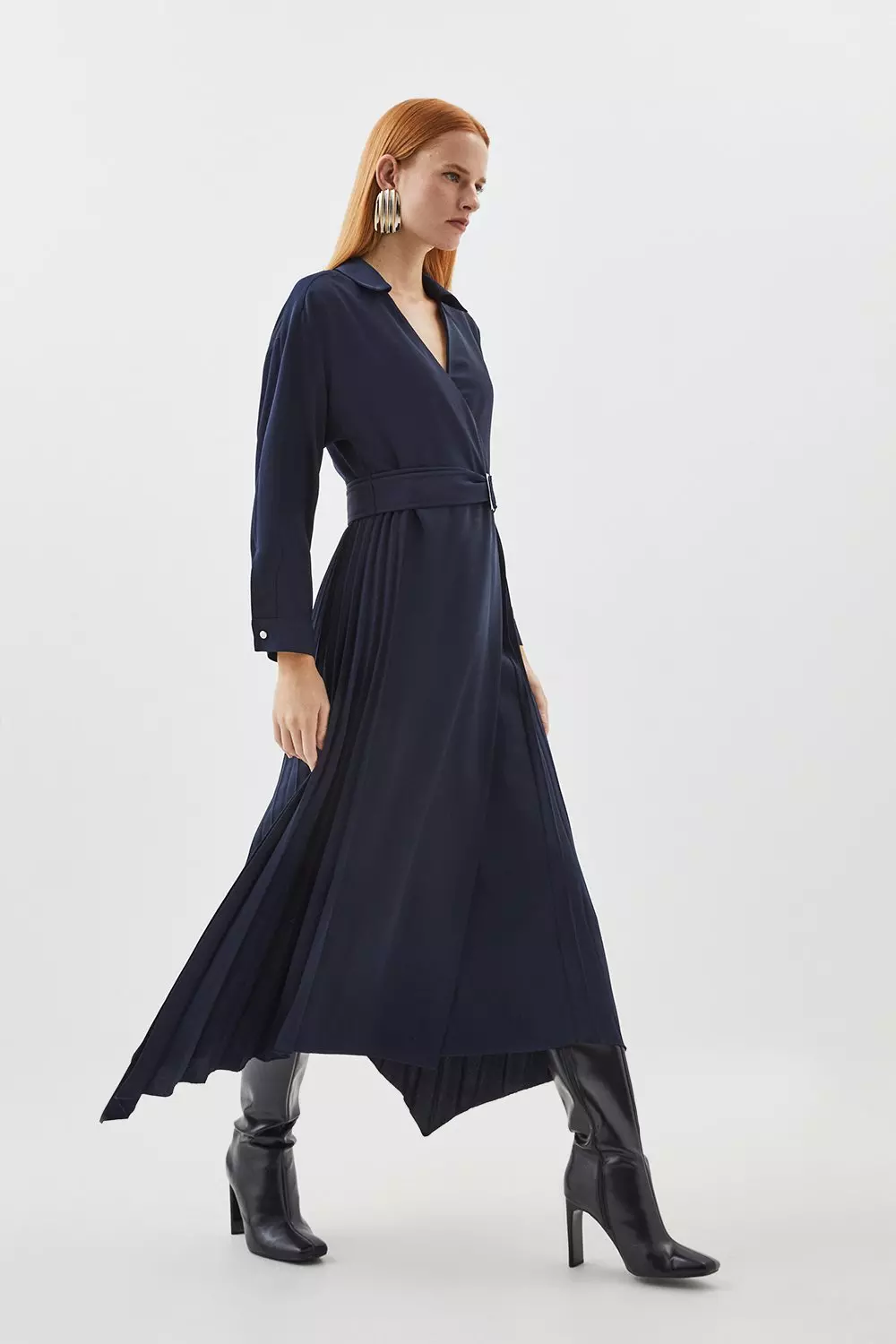 Soft Tailored Pleat Detail Belted Shirt Dress