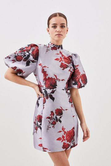 Lydia Millen Petite Floral Jacquard Panelled Puff Sleeve Woven Mini Dress floral