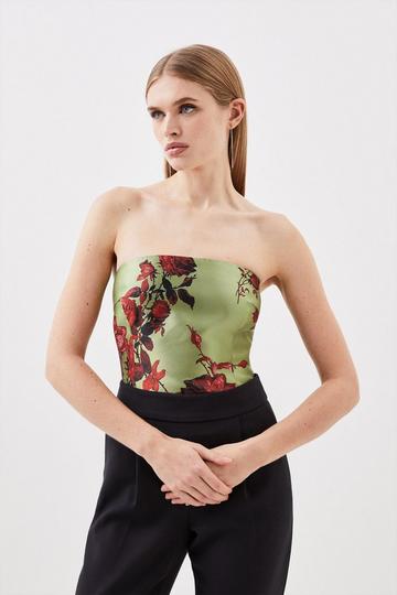 Floral Jacquard Panelled Woven Shirred Top green