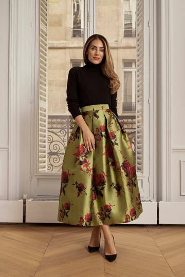 Lydia Millen Floral Jacquard Prom Woven Midi Skirt green