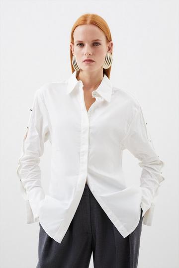White Cotton Poplin With Satin Finish Eyelet Woven Shirt