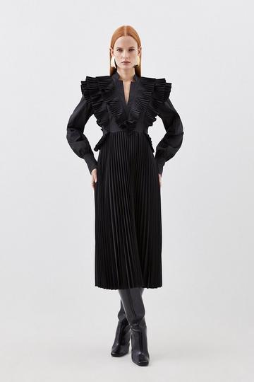 Cotton Pleated Detail Woven Midi Dress black