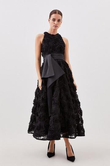 Lydia Millen Petite Rosette Tulle Satin Woven Belt Prom Dress black