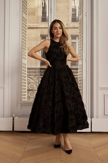 Black Lydia Millen Rosette Tulle Satin Belt Woven Prom Dress