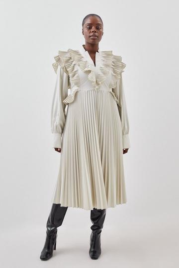 Plus Size Cotton Pleated Detail Woven Midi Dress cream