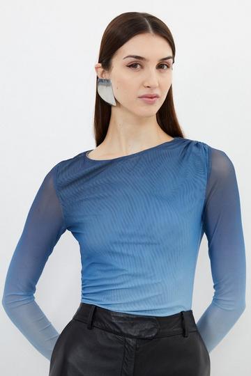 Ombre Printed Mesh Ruched Long Sleeve Bodysuit blue
