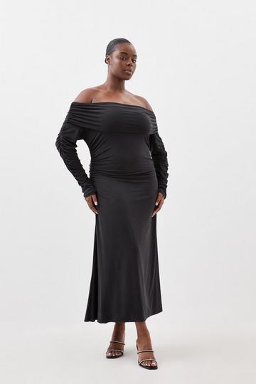 Black Plus Size Soft Touch Slinky Jersey Bardot Maxi Dress
