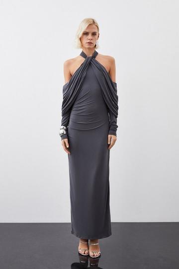 Petite Soft Touch Slinky Jersey Halter Maxi Dress charcoal