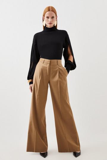 Tailored Wool Blend Wide Leg Trousers camel