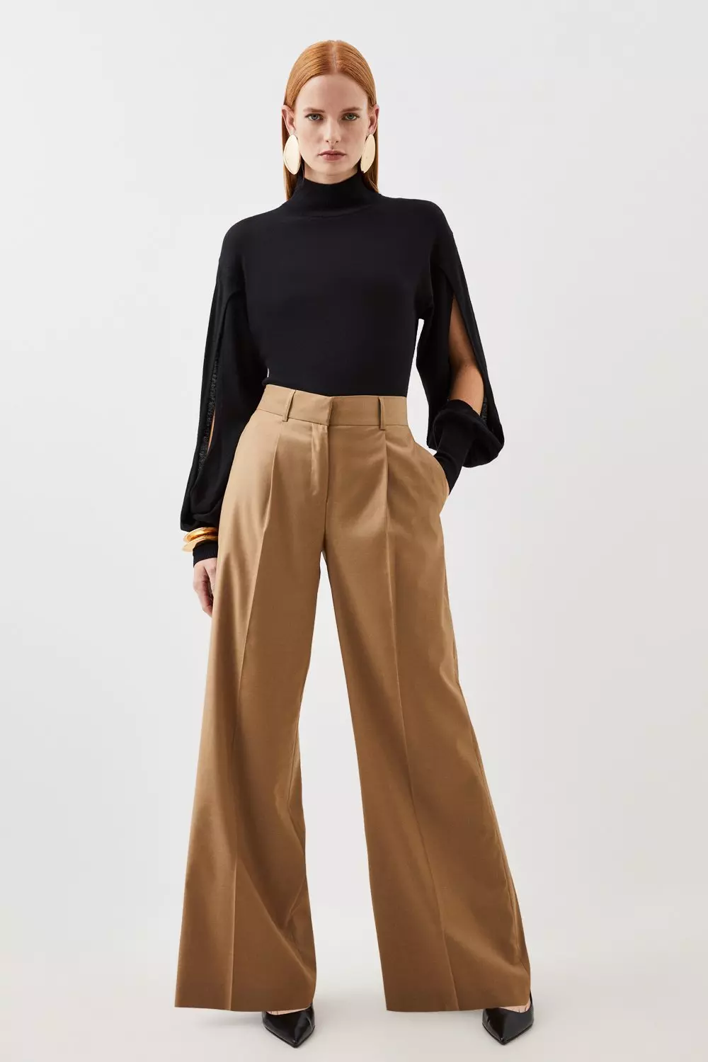 Beige Tall Straight Leg Wool Blend Trousers, KK