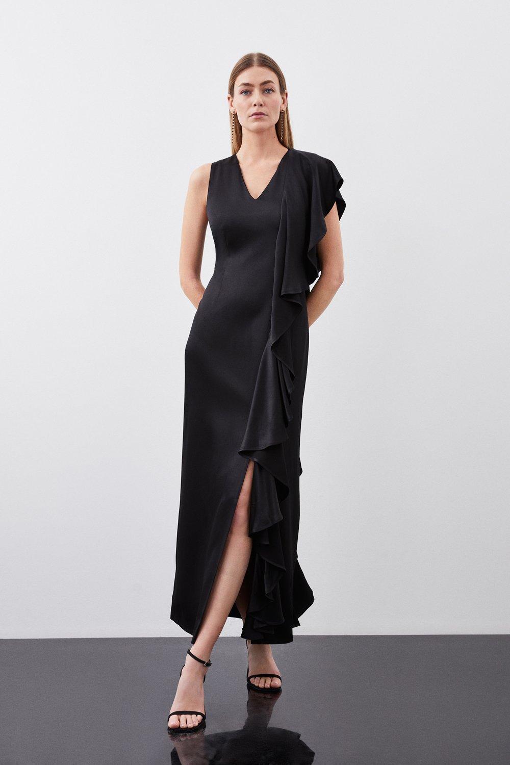 Tailored Satin Back Crepe Ruffle Maxi Dress - Black