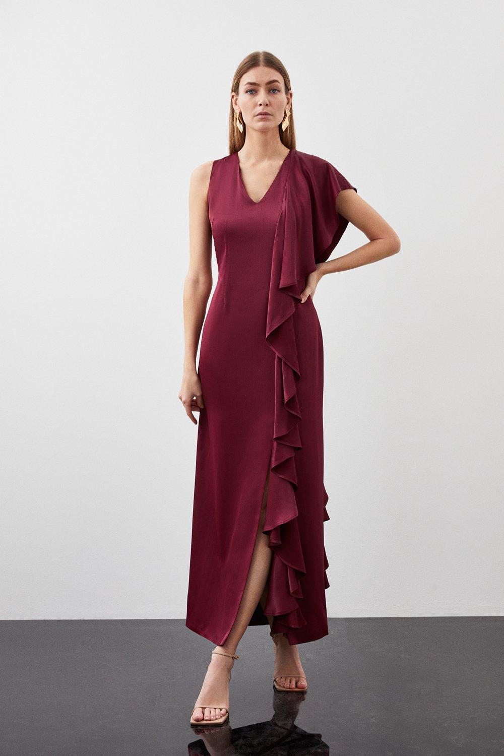 Tailored Satin Back Crepe Ruffle Maxi Dress - Red