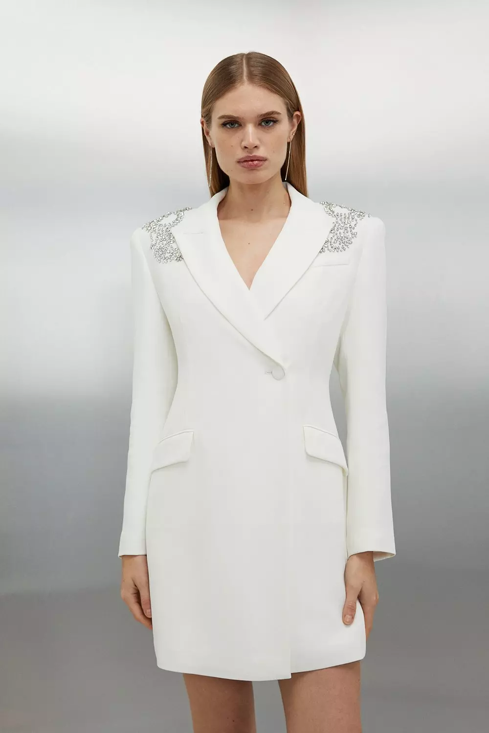 One shoulder clearance white blazer dress