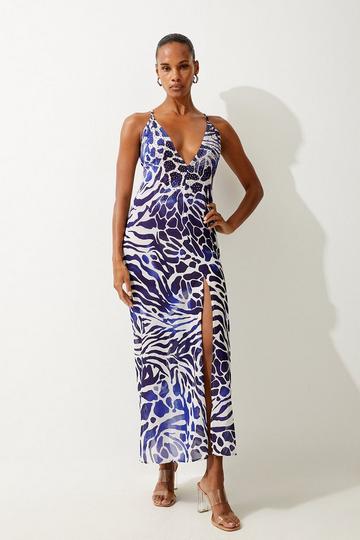 Blue Abstract Print Embellished Maxi Beach Dress