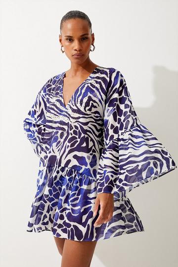 Abstract Print Embellished Beach Dress blue