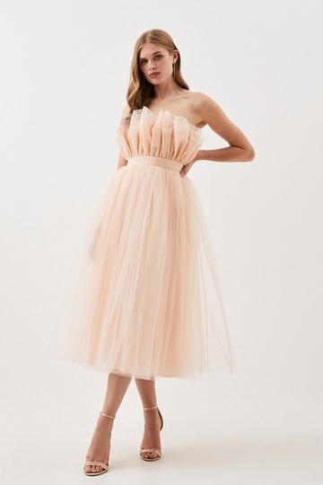 Petite Corseted Tulle Woven Midi Dress blush