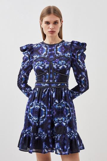 Blue Silk Cotton Border Print Woven Mini Dress