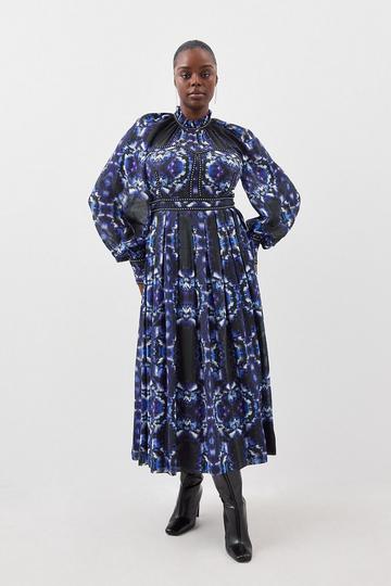 Plus Size Silk Cotton Border Print Woven Midi Dress blue