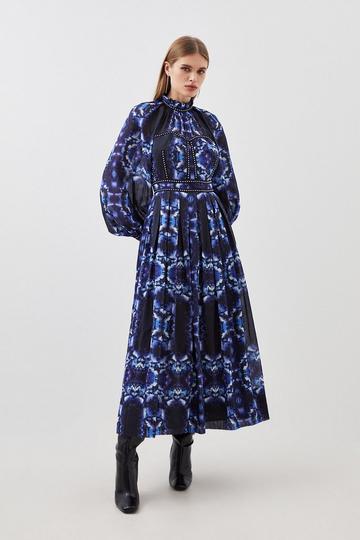 Blue Petite Silk Cotton Border Print Woven Midi Dress
