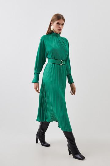 Green Petite Piping Detail Georgette Pleated Woven Maxi Dress