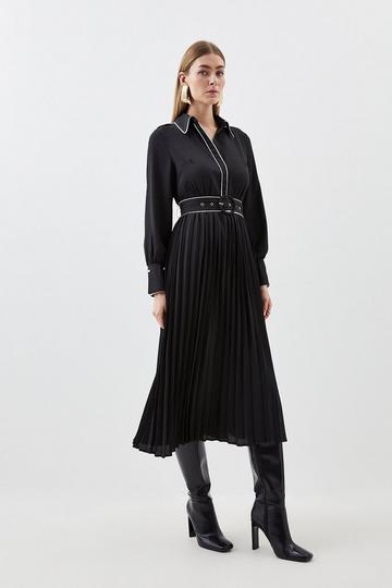 Petite Piping Detail Georgette Pleated And Belted Woven Maxi Dress mono
