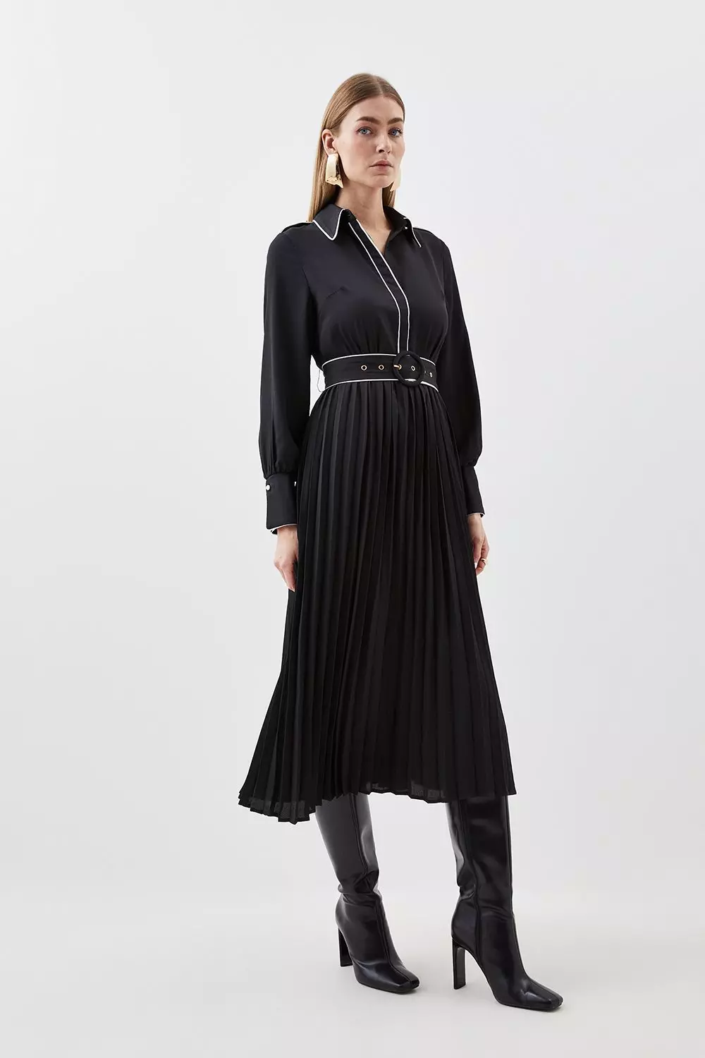 Wholesale Black Peterpan Belted Pleated Midi Dress – Tradyl