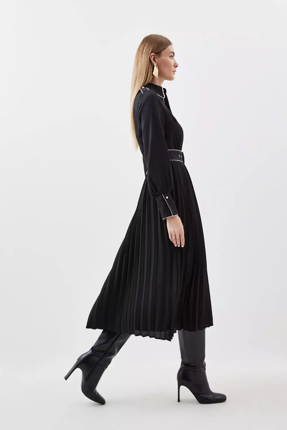 Piping Detail Woven Belted Midi Dress Karen Millen