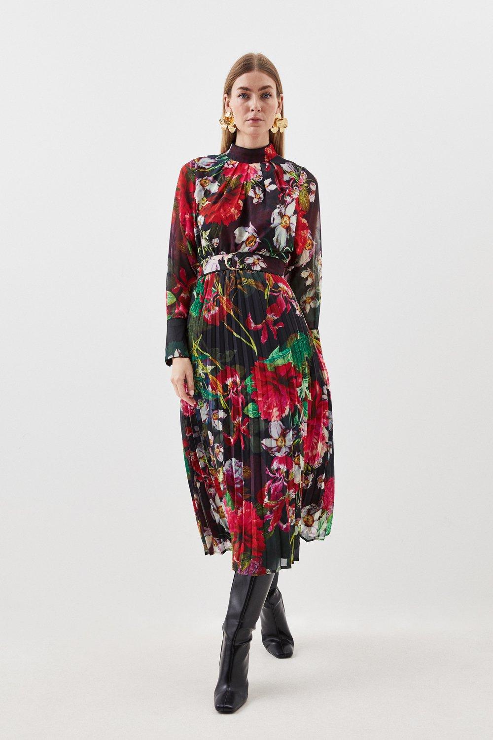 Tall Garden Floral Pleated Georgette Woven Maxi Dress