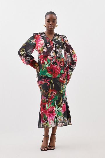 Plus Size Garden Floral Printed Georgette Belted Woven Maxi Dress floral
