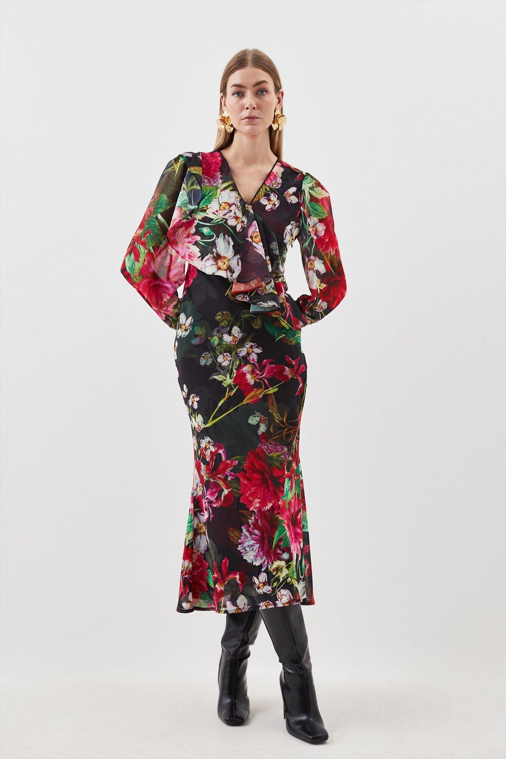 Garden Printed Georgette Belted Woven Maxi Dress - Floral